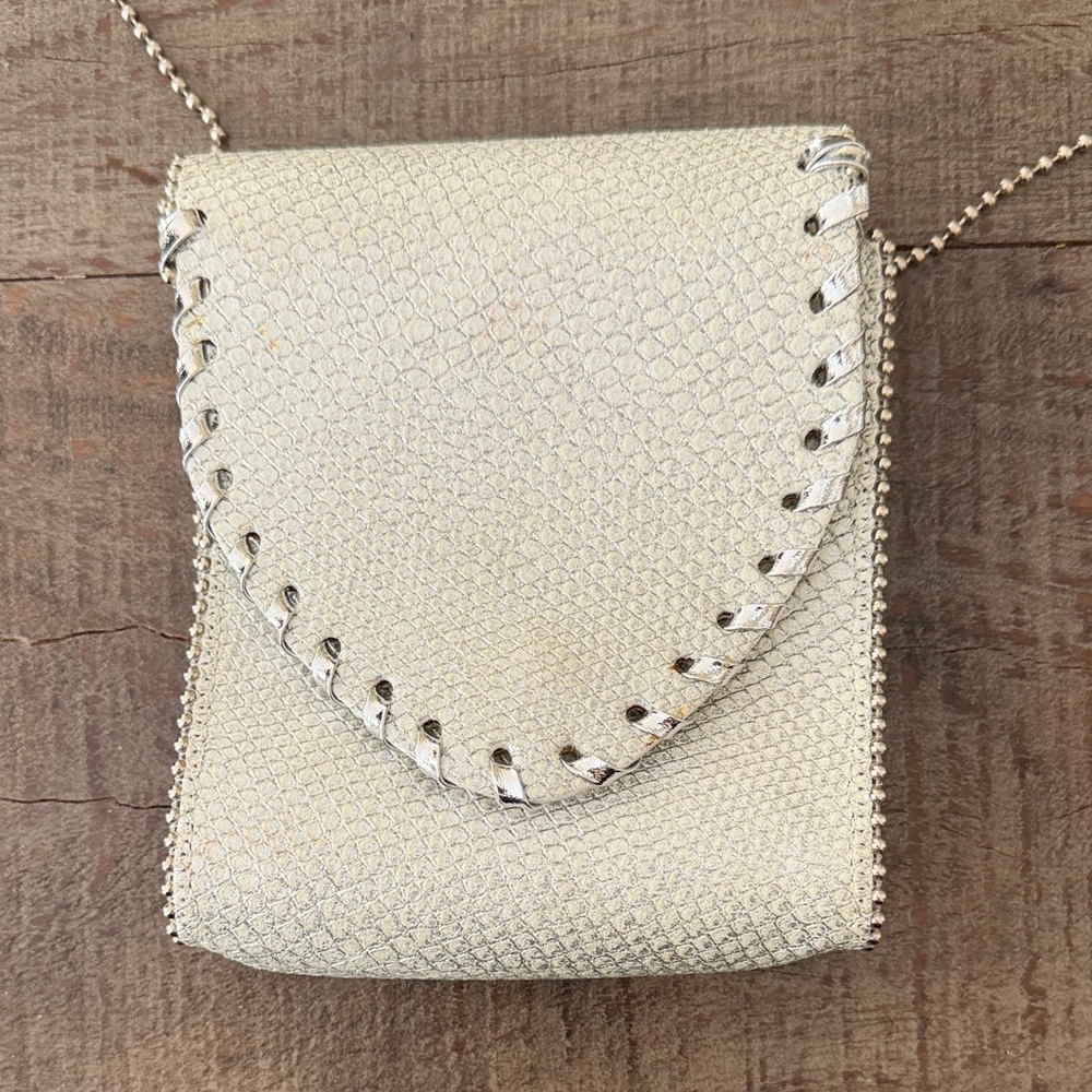 Metallic Silver Mini Crossbody Bag with Whipstitch Detail